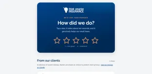 The review page, a navy card with the Think Smarter Insurance logo, the question How did we do? and five empty stars, above a From our clients section